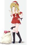  1girl absurdres blonde_hair boots box christmas eyebrows_visible_through_hair fang file112056 full_body gift gift_box green_eyes hair_bobbles hair_ornament hand_on_hip hat highres inuyama_aoi knee_boots off_shoulder sack santa_costume santa_hat side_ponytail simple_background skin_fang solo syringe thick_eyebrows yurucamp 