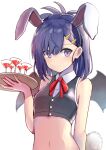  1girl absurdres alcohol animal_ears blue_hair blush breasts bunny_tail closed_mouth crop_top cup demon_girl demon_wings drinking_glass eyebrows fake_animal_ears fake_tail gabriel_dropout hair_ornament hairclip highres holding holding_tray looking_at_viewer navel rabbit_ears red_ribbon ribbon short_hair small_breasts smile solo tail tenma-gav tray tsukinose_vignette_april upper_body violet_eyes wine wine_glass wings 