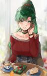  1girl bangs blurry blurry_background blush box breasts cake cake_slice chair choker collarbone cup earrings eyebrows_visible_through_hair fire_emblem fire_emblem:_the_blazing_blade food fur_trim gift gift_box green_eyes green_hair hair_ornament hand_up highres indoors jewelry lips long_hair long_sleeves looking_at_viewer lyn_(fire_emblem) medium_breasts ormille parted_lips ponytail shiny shiny_hair simple_background sitting smile solo sparkle steam table teacup tied_hair upper_body watch watch 