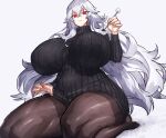  1girl azur_lane black_sweater breasts character_request covered_nipples eyebrows_visible_through_hair eyes_visible_through_hair fingernails graf_zeppelin_(azur_lane) grey_background grey_hair holding huge_breasts melon22 pantyhose parted_lips red_eyes simple_background sitting solo sweater turtleneck turtleneck_sweater wariza 