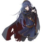  1girl armor bangs belt belt_buckle blood blood_on_face blue_dress blue_hair bodysuit buckle cape collar commentary cowboy_shot cropped_legs cuts dress eyebrows_visible_through_hair eyelashes film_grain fingerless_gloves fire_emblem fire_emblem_awakening gloves gold_trim hand_on_own_shoulder injury looking_at_viewer lucina_(fire_emblem) shiny shiny_hair shoulder_armor sidelocks simple_background sleeve_cuffs solo spaulders te_na_f5 tiara torn_cape torn_clothes twitter_username white_background 
