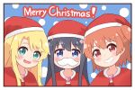  3girls :3 :d ahoge bangs black_hair blonde_hair blue_background blue_eyes blush border brown_hair capelet christmas commentary english_text eyebrows_visible_through_hair fake_facial_hair fake_mustache flower green_eyes grin hair_flower hair_ornament happy hat heart highres himesaka_noa hoshino_hinata ixia_(ixia424) long_hair looking_at_viewer medium_hair merry_christmas multiple_girls open_mouth pink_flower red_capelet red_eyes red_headwear santa_costume santa_hat shirosaki_hana side-by-side side_ponytail smile symbol_commentary teeth thick_eyebrows upper_body watashi_ni_tenshi_ga_maiorita! white_border 