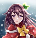  1girl blush brown_hair capelet crescent crescent_moon_pin hair_between_eyes kantai_collection kisaragi_(kantai_collection) long_hair open_mouth pom_pom_(clothes) portrait red_capelet santa_costume smile snowing solo tk8d32 upper_teeth violet_eyes 
