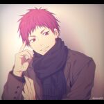  1boy akashi_seijuurou bangs black_scarf blush brown_coat casual coat commentary_request gradient gradient_background grey_background hand_up kuroko_no_basuke letterboxed long_sleeves male_focus mashima_shima parted_lips red_eyes redhead scarf short_hair simple_background smile solo twitter_username upper_body 