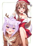  2girls :3 adapted_costume ahoge all_fours animal_collar animal_costume animal_ears antlers bangs blush brown_hair cat_ears cat_girl cat_tail christmas collar collarbone commentary dog_ears dog_girl dog_tail dress fake_facial_hair fake_mustache fang girl_on_top hair_between_eyes hat highres hololive inugami_korone k_mugura looking_at_viewer multiple_girls nekomata_okayu open_mouth purple_hair red_dress reindeer_costume santa_costume santa_dress santa_hat short_dress smile strapless strapless_dress tail virtual_youtuber 