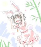  1girl :d animal_ears arms_up bamboo bangs black_hair bunny_pose bunny_tail carrot_necklace character_name commentary dress eyebrows_visible_through_hair frilled_dress frilled_sleeves frills highres inaba_tewi jewelry leaning_forward looking_at_viewer necklace open_mouth pink_dress puffy_short_sleeves puffy_sleeves rabbit_ears red_eyes ribbon-trimmed_dress seiran_(seiran49hsi) short_dress short_hair short_sleeves smile solo standing tail touhou wavy_hair 