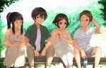  2boys 2girls bangs black_hair blunt_bangs blurry blurry_background bottle brown_eyes chitanda_eru closed_eyes cup dappled_sunlight disposable_cup food fukube_satoshi green_eyes hanr10 highres hyouka ibara_mayaka multiple_boys multiple_girls oreki_houtarou outdoors pants ponytail popsicle red_eyes short_hair shorts sitting spaghetti_strap sunlight watch watch water_bottle white_pants 