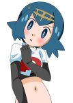  1girl blue_eyes blue_hair blush breasts cosplay elbow_gloves gloves hainchu hair_ornament hairband jessie_(pokemon) jessie_(pokemon)_(cosplay) lana_(pokemon) looking_at_viewer midriff navel open_mouth pokemon pokemon_(anime) pokemon_sm_(anime) short_hair simple_background solo trial_captain white_background 