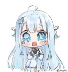  1girl ahoge amatsuka_uto angel_wings bare_shoulders blue_eyes blue_hair blush chibi crying detached_sleeves dress hair_ornament hairclip halterneck indie_virtual_youtuber long_hair miaoema open_mouth ribbon signature simple_background solo standing virtual_youtuber white_background wings 