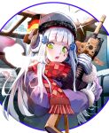  1girl assault_rifle bangs breath coat cold earmuffs facial_mark fur-trimmed_coat fur_trim german_flag girls_frontline gloves green_eyes gun h&amp;k_hk416 hair_ornament hat headset highres hk416_(girls_frontline) holding holding_weapon long_hair looking_at_viewer mitsuaji_lime object_hug open_mouth purple_coat red_scarf rifle scarf silver_hair solo teardrop weapon 