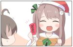 2girls :d ^_^ ahoge blush_stickers brown_background brown_hair cat_hair_ornament character_request closed_eyes commentary_request fur-trimmed_headwear hair_ornament hairclip hand_up hat holding hololive long_hair long_sleeves ma_matsuri multiple_girls natsuiro_matsuri okota_mikan open_mouth orange_shirt red_headwear sailor_collar santa_hat shirt smile sweat trembling two-tone_background virtual_youtuber white_background white_sailor_collar 