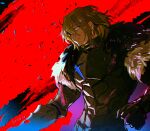  1boy armor black_eyepatch blonde_hair blue_eyes breastplate dated dimitri_alexandre_blaiddyd eyebrows_visible_through_hair eyepatch fire_emblem fire_emblem:_three_houses fur_trim gauntlets haun looking_away male_focus medium_hair one_eye_covered purple_background red_background smile solo sweat two-tone_background upper_body 