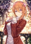  1girl alternate_costume aran_sweater bangs breasts christmas coat commentary eyes_visible_through_hair gochuumon_wa_usagi_desu_ka? hair_between_eyes hair_ornament hairclip hands_up highres hoto_cocoa ks_(xephyrks) large_breasts long_sleeves looking_at_viewer medium_hair night older outdoors railing red_coat sleeves_past_wrists smile snowing solo star_(symbol) steepled_fingers sweater turtleneck turtleneck_sweater unbuttoned upper_body violet_eyes white_sweater 