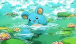  :d black_eyes commentary creature day english_commentary flower gen_2_pokemon gen_3_pokemon happy lily_pad lotad marill no_humans open_mouth partially_submerged pinkgermy pokemon pokemon_(creature) smile water 