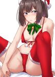  1girl absurdres akizuki_(kantai_collection) bangs bell bikini black_hair blue_eyes blush bow bowtie breasts christmas closed_mouth collarbone eyebrows_visible_through_hair green_bow green_neckwear hat highres kantai_collection kiritto long_hair medium_breasts navel partially_visible_vulva ponytail red_bikini red_headwear red_legwear santa_bikini santa_hat simple_background sitting solo spread_legs sweat swimsuit thigh-highs white_background 