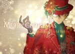  1boy alternate_costume blue_eyes brown_hair cape christmas cravat dress_shirt english_text green_neckwear hat highres kaitou_kid kiyo_(kiyoju22) looking_at_viewer magic_kaito male_focus meitantei_conan merry_christmas red_cape red_headwear round_eyewear santa_costume shirt short_hair smile snowflakes solo top_hat upper_body 