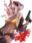  1girl bikini black_shorts breasts commission dark_skin dark-skinned_female fangs fingernails grey_hair gun highres horns medium_breasts nail_polish navel original pointy_ears shorts solo swimsuit tamafurin tongue tongue_out weapon white_background yellow_bikini 