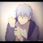  1boy bangs blue_hair blurry cardigan casual closed_eyes closed_mouth coat commentary_request depth_of_field gradient gradient_background grey_background grey_coat hair_between_eyes hand_up kuroko_no_basuke kuroko_tetsuya letterboxed long_sleeves male_focus mashima_shima open_clothes open_coat short_hair simple_background solo twitter_username upper_body white_cardigan 