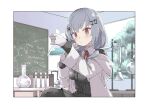  1girl black_sweater breasts chalkboard collared_shirt gloves grey_hair hair_ornament hakase_fuyuki highres holding_test_tube labcoat light_blush liquid math medium_breasts medium_hair nijisanji omochi_chowder red_eyes shirt sitting solo sweater tree twintails virtual_youtuber white_gloves window 