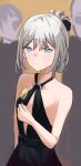  1girl an-94_(girls&#039;_frontline) an-94_(silent_rouge)_(girls&#039;_frontline) bangs bare_shoulders black_dress breasts closed_mouth cup dress drinking_glass eyebrows_visible_through_hair girls_frontline glass hair_ornament highres holding holding_cup light_blue_eyes long_hair looking_at_viewer official_alternate_costume platinum_blonde_hair simple_background small_breasts solo solokitsune upper_body wine_glass 