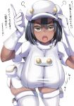  1girl absurdres aether_foundation_employee angry bangs blush bob_cut bouncing_breasts breasts dark_skin elbow_gloves gloves hanging_breasts highres koburakko large_breasts looking_at_viewer open_mouth parted_bangs pokemon pokemon_(game) pokemon_sm short_hair thick_thighs thigh-highs thighs tight translation_request uniform white_headwear white_legwear 