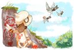  bird blue_sky clouds cloudy_sky creature day fletchling flying frown gen_2_pokemon gen_6_pokemon looking_at_another looking_up no_humans outdoors pokemon pokemon_(creature) sky smeargle third-party_source yellowfur 
