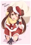  1girl all_fours alternate_costume alternate_eye_color black_gloves blush brown_eyes brown_hair christmas commentary_request double_bun flying_sweatdrops gloves goma_(nabepa_nabepa) hat highres holding holding_sack long_hair looking_at_viewer merry_christmas pokemon pokemon_(game) pokemon_bw2 red_headwear rosa_(pokemon) sack santa_hat scarf smile solo star_(symbol) twintails yellow_scarf 