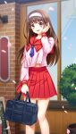  1girl :d adjusting_hair bag bangs blurry blurry_background blush brick_wall brown_eyes brown_hair cherry_blossoms collared_shirt day doukyuusei_another_world eyebrows_visible_through_hair flower_pot game_cg hairband holding holding_bag kakyuusei long_hair long_sleeves looking_at_viewer miniskirt neckerchief official_art open_mouth outdoors pink_shirt pleated_skirt purple_neckwear red_sailor_collar red_skirt sailor_collar sailor_shirt school_bag school_uniform shiny shiny_hair shirt skirt smile solo spring_(season) very_long_hair white_hairband yuuki_mizuho 
