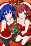  2girls ankokuboshi_kurome black_legwear blue_eyes blue_hair blush box braid breasts christmas christmas_ornaments christmas_tree christmas_tree_hair_ornament commentary commission dual_persona fingerless_gloves gift gift_box gloves hair_between_eyes hair_ornament happy hat iwashi_dorobou_-r- long_hair looking_at_viewer medium_breasts multiple_girls neptune_(series) open_mouth orange_eyes red_eyes redhead santa_costume santa_hat shin_jigen_game_neptune_vii smile tennouboshi_uzume twin_braids twintails very_long_hair violet_eyes 