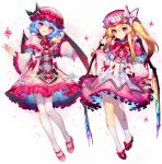  2girls ainy alternate_costume bangs bat_wings blonde_hair blue_hair blush bow bowtie closed_mouth commentary_request crystal dress eyebrows_visible_through_hair finger_to_mouth flandre_scarlet frills full_body gradient_dress hair_between_eyes hat hat_bow highres looking_at_viewer mob_cap multicolored multicolored_bow multicolored_clothes multicolored_dress multiple_girls one_side_up open_mouth pink_capelet pink_dress pink_footwear pink_headwear red_bow red_eyes red_neckwear remilia_scarlet shoe_bow shoes short_hair_with_long_locks siblings simple_background sisters smile touhou white_background white_bow white_legwear wide_sleeves wings 