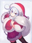  1girl black_legwear blue_eyes blush capelet closed_mouth hair_between_eyes hat hibiki_(kantai_collection) kantai_collection long_hair pleated_skirt red_capelet red_skirt reitou_mikan sack santa_costume santa_hat silver_hair skirt smile solo thigh-highs 