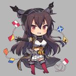  1girl :d black_gloves boots breasts brown_hair chibi elbow_gloves full_body gloves grey_background hair_between_eyes hand_on_hip headgear headpiece kantai_collection kasumi_(skchkko) long_hair looking_at_viewer medium_breasts miniskirt nagato_(kantai_collection) open_mouth partially_fingerless_gloves red_eyes red_footwear simple_background skirt smile solo string_of_flags tassel thigh-highs thigh_boots white_skirt 