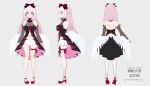  1girl absurdres angel_wings black_sleeves bow character_sheet feathered_wings feathers hair_bow highres low_wings myusha pink_hair pro_production purple_bow sakura_isumi virtual_youtuber white_feathers white_wings wings 