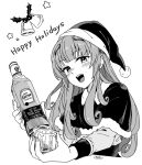  1girl alcohol alternate_costume bangs blush bottle capelet christmas commentary_request cropped_torso cup drinking_glass eyebrows_visible_through_hair fujinoki_(horonabe-ken) fur_trim greyscale happy_holidays hat headgear helena_(kantai_collection) holding holding_bottle jose_cuervo kantai_collection long_hair long_sleeves monochrome open_mouth santa_costume santa_hat signature simple_background solo tequila upper_body 
