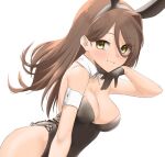  1girl animal_ears armband bangs black_leotard blush breasts brown_eyes brown_hair closed_mouth collar detached_collar eyebrows_visible_through_hair fake_animal_ears hair_between_eyes hand_on_own_chin leaning_forward leotard long_hair looking_at_viewer medium_breasts original playboy_bunny rabbit_ears simple_background skeptycally smile solo standing strapless strapless_leotard swept_bangs twitter_username white_background white_collar wing_collar 