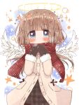  1girl angel_wings bangs beige_coat blue_eyes brown_hair brown_skirt coat eyebrows_visible_through_hair feathered_wings fur_trim halo highres mittens neko_satou open_mouth original plaid plaid_scarf pleated_skirt pocket red_scarf ribbon scarf skirt solo star_(symbol) white_wings wings 