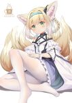  1girl aliter animal_ear_fluff animal_ears arknights bangs bare_shoulders blonde_hair blue_hairband blush braid breasts closed_mouth commentary_request eyebrows_visible_through_hair fox_ears fox_girl fox_tail frilled_skirt frills green_eyes hair_between_eyes hair_rings hairband highres kitsune multicolored_hair no_shoes pantyhose purple_skirt shirt sidelocks skirt small_breasts smile solo suzuran_(arknights) tail thighband_pantyhose twin_braids two-tone_hair white_background white_hair white_legwear white_shirt 