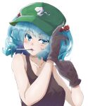  1girl absurdres adjusting_clothes adjusting_gloves alternate_costume arm_up bangs bare_arms black_gloves black_tank_top blue_eyes blue_hair breasts collarbone commentary eyebrows_visible_through_hair flat_cap glove_pull gloves green_headwear gumi_(fwjn7284) hair_bobbles hair_ornament hand_on_headwear hand_up hat highres hitodama_print kawashiro_nitori light_blush mouth_hold putting_on_gloves short_hair short_twintails sidelocks simple_background small_breasts solo tank_top touhou twintails upper_body white_background 