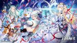  3girls alchemy_stars bell bethlehem_(alchemy_stars) blonde_hair christmas copyright_name dragon earmuffs fur_trim gloves highres horns ice kyouka_hatori long_hair multiple_girls official_art reindeer snowman white_hair winter_clothes 