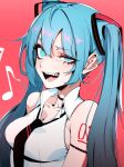  1girl :d absurdres bare_shoulders blue_eyes blue_hair breasts hair_between_eyes half-closed_eye hatsune_miku highres j.k. long_hair looking_at_viewer musical_note necktie open_mouth red_background simple_background sleeveless smile solo teeth twintails vocaloid 