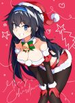  1girl bell bell_collar bent_over black_hair blue_eyes breasts collar detached_sleeves eyebrows_visible_through_hair girls_frontline gloves hair_between_eyes hairband hand_on_thigh hat highres large_breasts long_hair mole mole_under_eye open_mouth pantyhose santa_costume santa_hat simple_background smile solo super_sass_(girls_frontline) vanna very_long_hair 