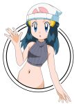  1girl bare_shoulders beanie blue_eyes blue_hair cropped_sweater cropped_torso hikari_(pokemon) hainchu hat long_hair looking_at_viewer midriff navel open_mouth pokemon pokemon_(anime) ribbed_sweater simple_background sleeveless stomach sweater turtleneck turtleneck_sweater upper_body white_background 