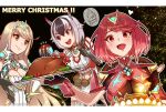  3girls blonde_hair breasts crossette_(xenoblade) food hey_cre highres large_breasts long_hair multicolored_hair multiple_girls mythra_(xenoblade) pyra_(xenoblade) red_eyes redhead short_hair turkey_(food) xenoblade_chronicles_(series) xenoblade_chronicles_2 