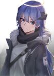  1girl absurdres arknights black_horns black_jacket blue_eyes blue_hair closed_mouth eyebrows_visible_through_hair fur-trimmed_hood fur_trim halo highres hood hood_down hooded_jacket horns jacket long_hair mostima_(arknights) open_clothes open_jacket sellf shirt simple_background smile solo white_shirt 