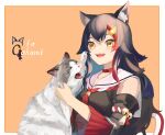  1girl animal animal_ear_fluff animal_ears black_hair blue_eyes brown_eyes cat character_name claws detached_sleeves fangs holding holding_animal hololive issun_boushi_(taku37taku) long_hair multicolored_hair ookami_mio open_mouth orange_background redhead solo streaked_hair virtual_youtuber wolf_ears wolf_girl 