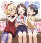  +++ 3girls :d ^_^ bangs black_hair blonde_hair blue_shirt blue_skirt blush bow bunny_hair_ornament closed_eyes commentary_request couch dress eyebrows_visible_through_hair feeding feet_out_of_frame food fruit girl_sandwich hair_bow hair_ornament hairband hairclip highres holding holding_spoon idolmaster idolmaster_cinderella_girls indoors locked_arms long_hair multiple_girls on_couch open_mouth parfait plaid plaid_pillow plaid_skirt pleated_skirt puffy_short_sleeves puffy_sleeves red_bow red_dress red_hairband sakurai_momoka sandwiched sasaki_chie shirt short_sleeves sitting skirt smile spoon strawberry tachibana_arisu translation_request white_shirt white_skirt yellow_shirt yukie_(kusaka_shi) 
