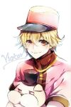  1boy blonde_hair character_name closed_mouth dog english_text hat highres holding identity_v looking_at_viewer male_focus neo_(yam1nek01) orange_eyes red_headwear short_hair smile solo stitched_mouth stitches victor_grantz white_background 