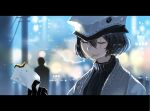  1girl black_gloves black_hair blurry blurry_background burning cigarette gloves hat highres letterboxed mouth_hold original outdoors power_lines short_hair silhouette smoking turtleneck upper_body white_headwear yuushoku 