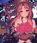  1girl akino_(princess_connect!) bangs bare_shoulders blush bouquet breasts closed_mouth collarbone flower gloves large_breasts long_hair looking_at_viewer lunch_(lunch3) parted_bangs ponytail princess_connect! princess_connect!_re:dive red_gloves redhead rose sidelocks smile solo_focus tiara violet_eyes 