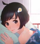  1girl araragi_tsukihi bare_shoulders black_eyes black_hair blush egg_hair_ornament food_themed_hair_ornament hair_ornament hanr10 highres indoors looking_at_viewer monogatari_(series) on_bed pillow short_hair solo 